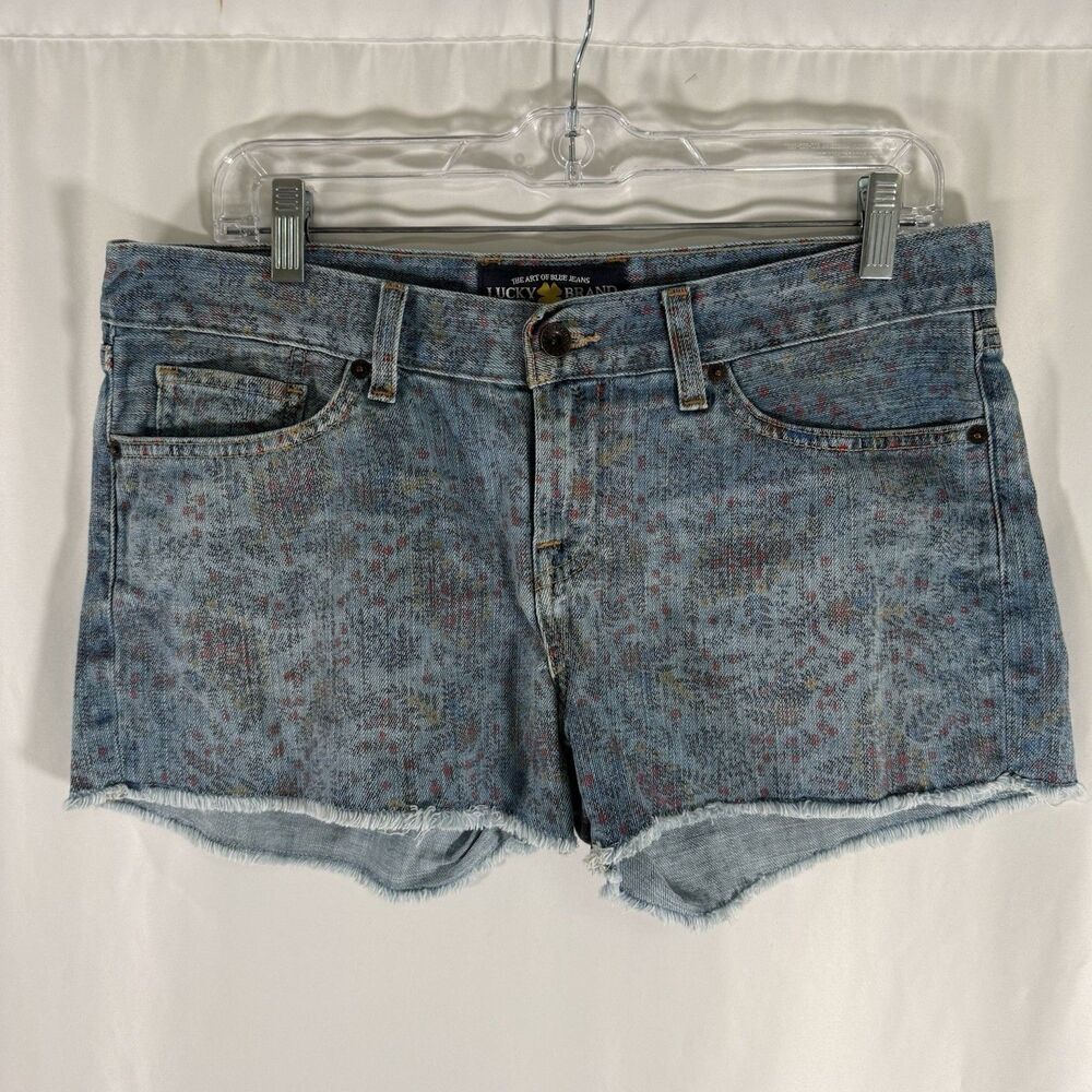 Lucky Brand Riley Short Women's 6 28 Blue Floral Denim Cut Off 3" Inseam